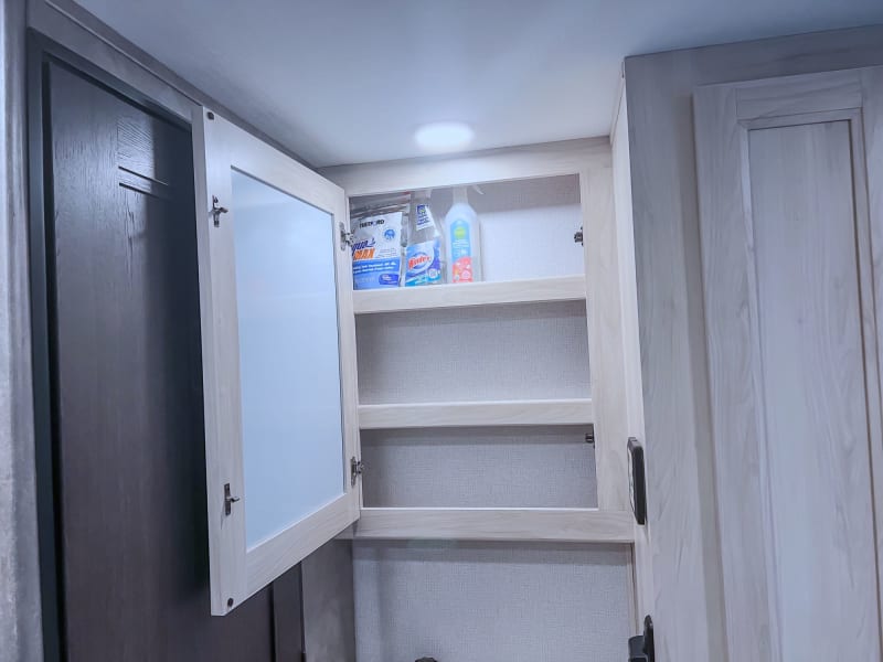 Upper bathroom cabinets, contains RV toilet chemicals, Windex, and cleaning spray 