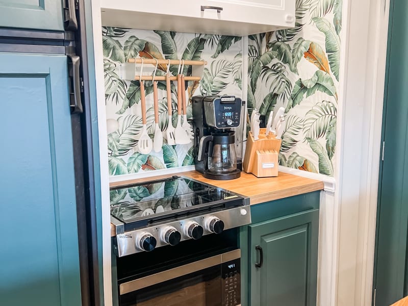 Our rental is complete with a coffee maker, toaster, microwave/air fryer/convection oven, and a 3 burner cooktop.