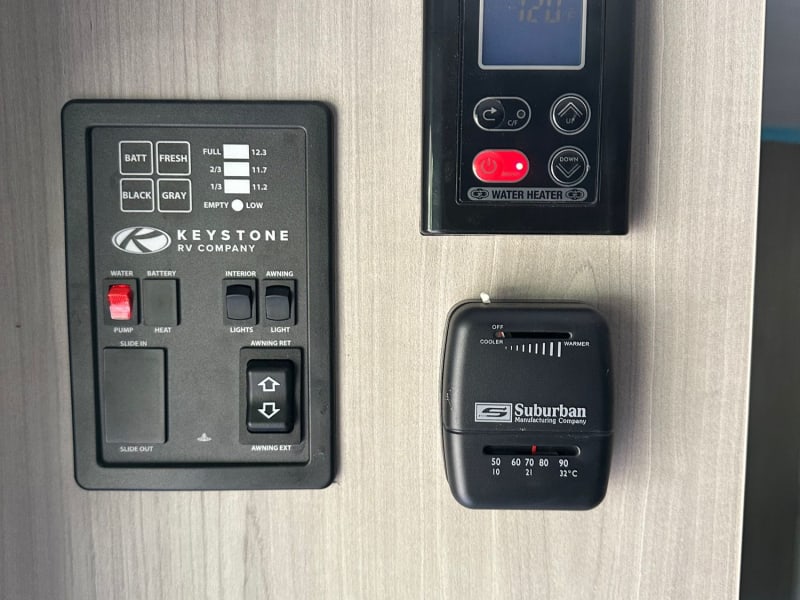 this is your panels to check the levels of tanks, turn your lights on, put your awning out and in, the heater control and then the hot water tank temp.