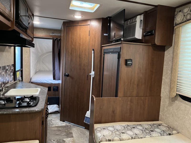 Kitchen area looking towards the back of the trailer. 
