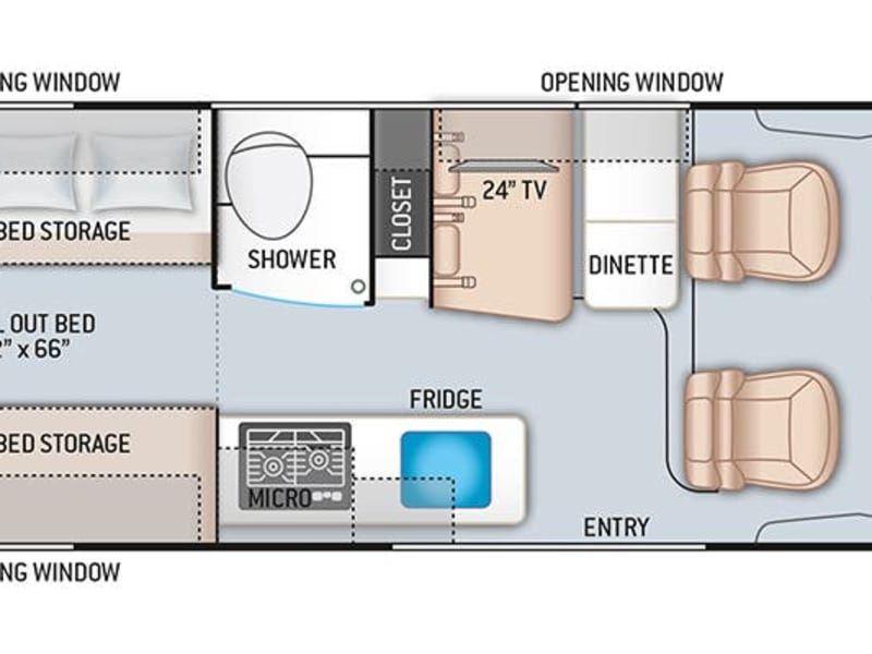 Floorplan.  Poptop ladder can be installed behind the passenger's seat