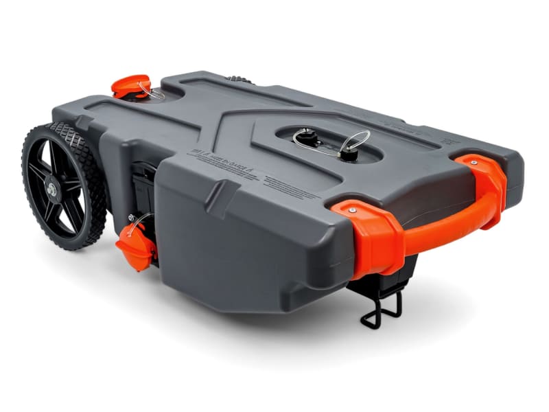 28 gallon rhino tote tank. Included with rental. Used when dry camping, allows you to empty your tanks without needing to tow the trailer to dump. 