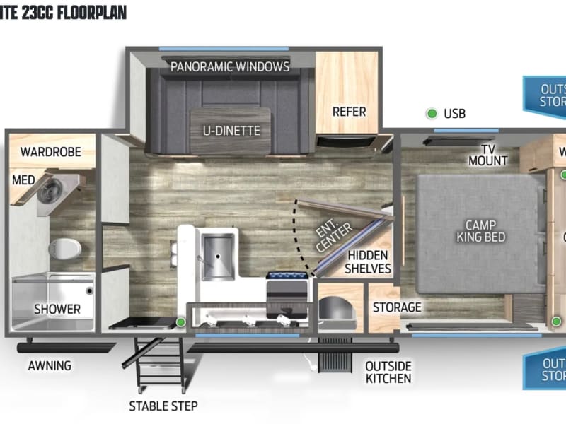 Nice open floor plan, plenty of room for everything thing you need!  A lot of the necessities are stored behind the entertainment center.  