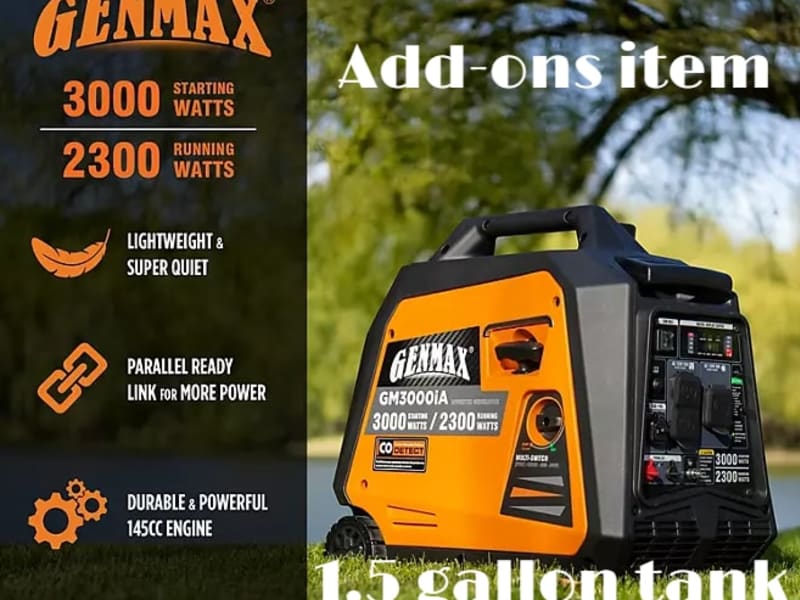 The GENMAX GM3000iA is a 3000-watt portable inverter generator with a built-in CO sensor for safety. Weighing less than 50 lbs, it’s easy to carry—perfect for RVs, camping, and home backup. Its low idle technology delivers up to 6.5 hours of runtime at 50% load on a 1.5-gallon fuel tank. Clean, quiet, and efficient power for all your essential needs.