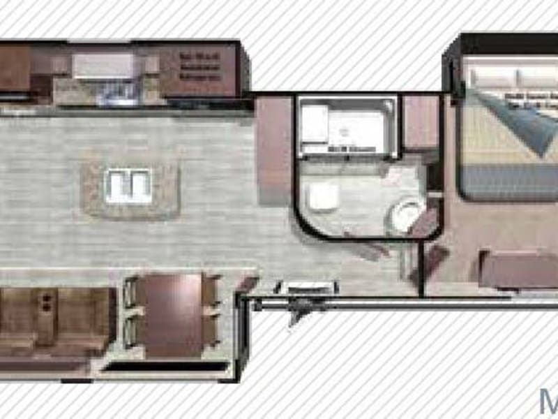 This floor plan is provided for reference. Please note this unit features upgraded theater seating and a revised dinette setup, offering improved comfort and usability compared to the standard configuration. See photos for the most accurate representation.