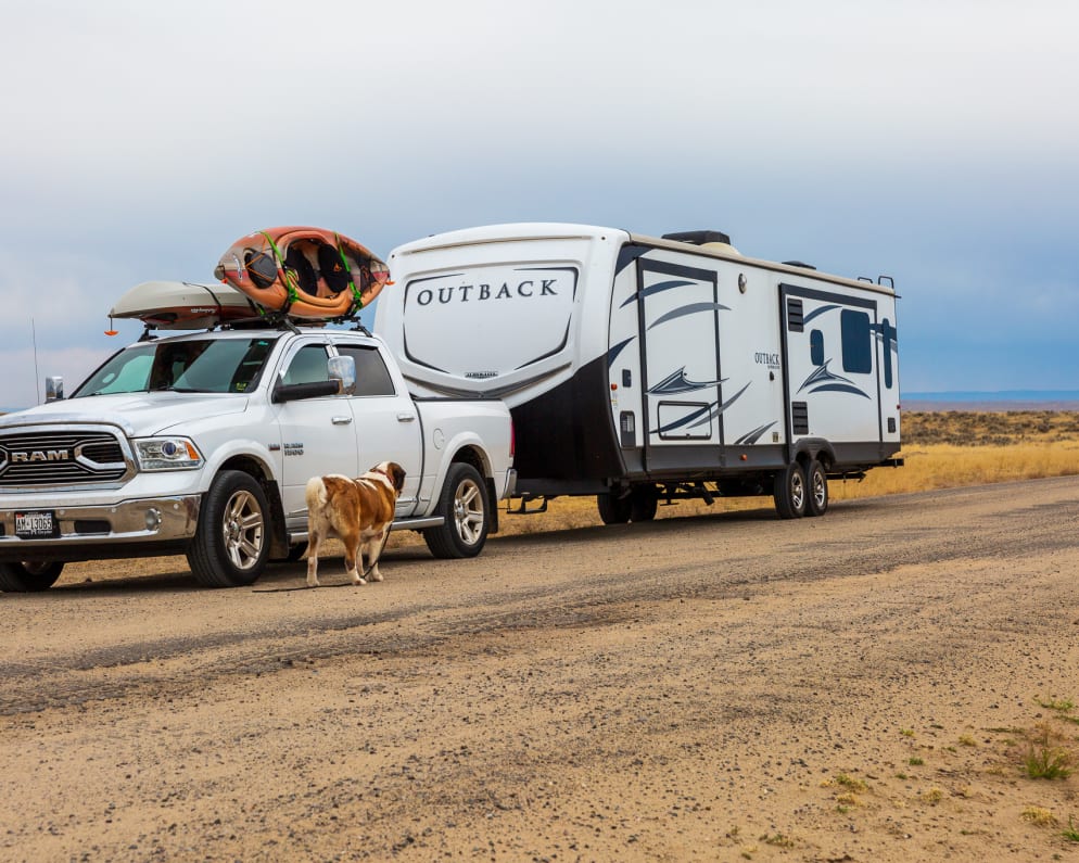 Towing is assisted with Blue Ox anti-sway, weight distribution hitch.