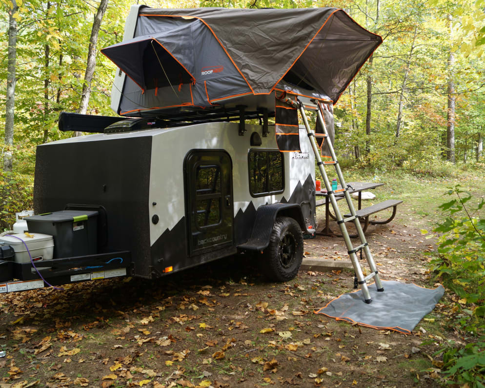 Camper pictured with the Condor open.  See the ample tongue storage and heavy duty fenders.