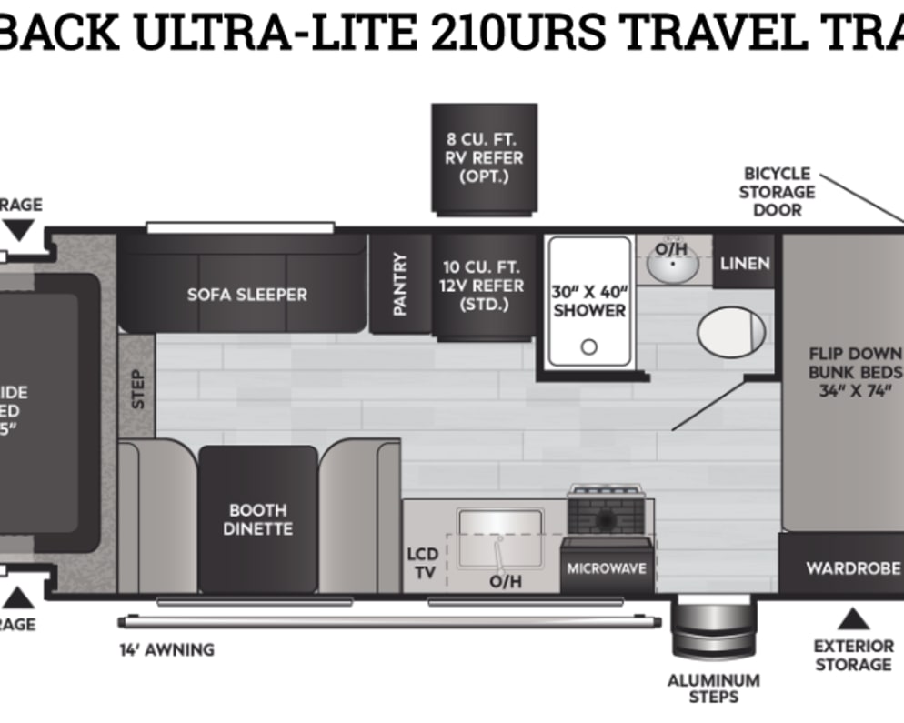 She’s a lightweight trailer with many sleeping and storage configurations possible.