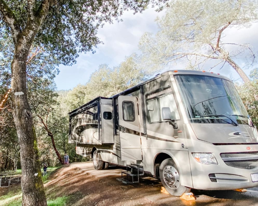 Parked by the Russian River in the shade with all the comforts of home. 