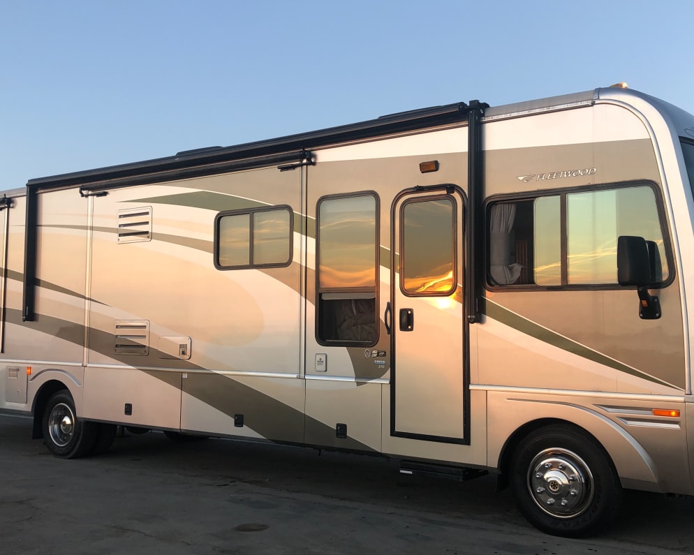 The Ramey Rig during sunset; slides and awning in