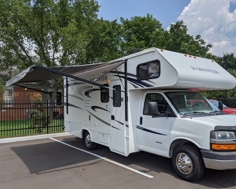 The electric awning extends with the push of a button to provide shade, and keep your camp site dry. 