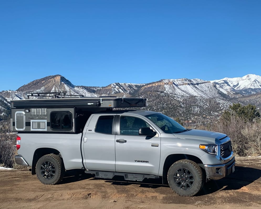 Truck with camper closed, low profile 