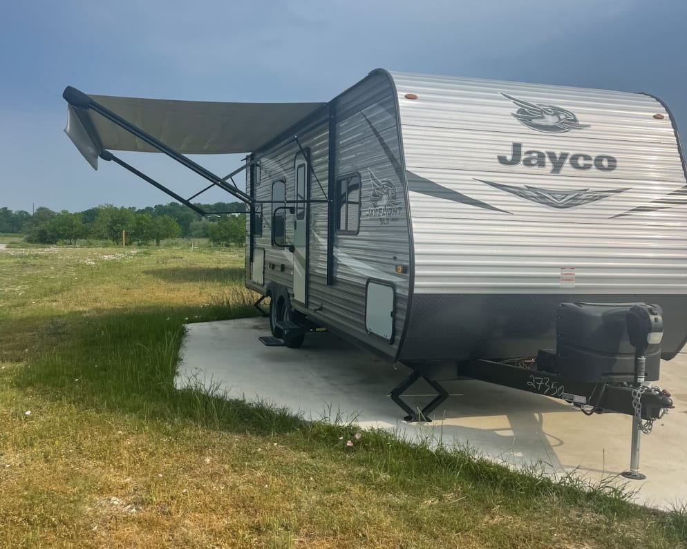 Awning creates a nice shaded space while the bluetooth stereo provides entertainment.