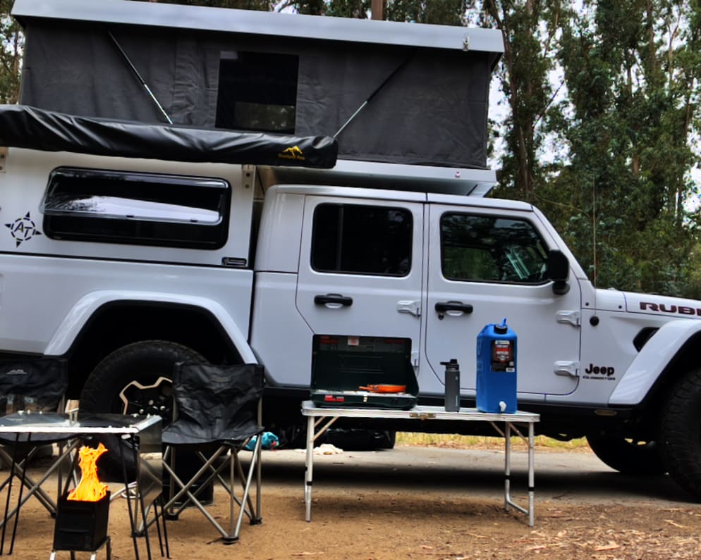 The included camping chairs, propane fire pit, and heat deflector make it easy to set up camp and relax once at the destination. 