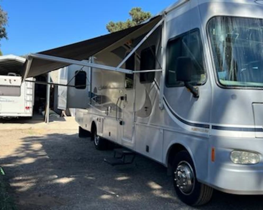 Outside with awning and slide open. 