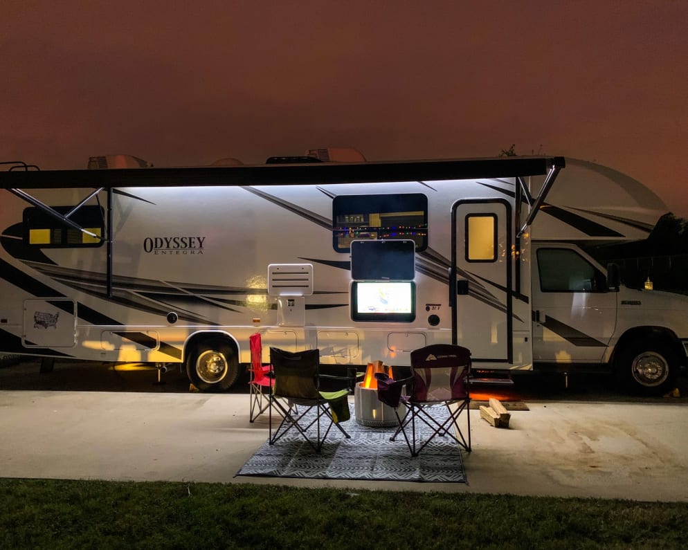 Outside lights, speaker and tv make for a perfect camp out. 