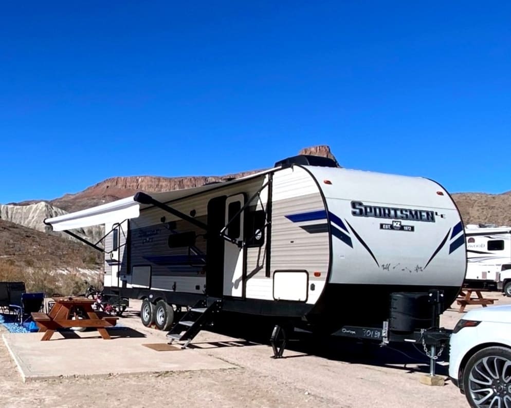 Our home away from home at Lajitas RV Resort in Big Bend.  Note our 20’ awning, double entry, outdoor kitchen and lots of hull storage!