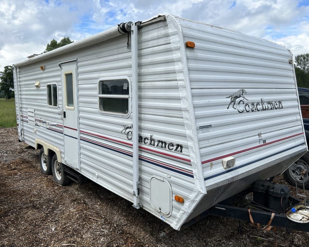 Front view of access door and overhead awning. 