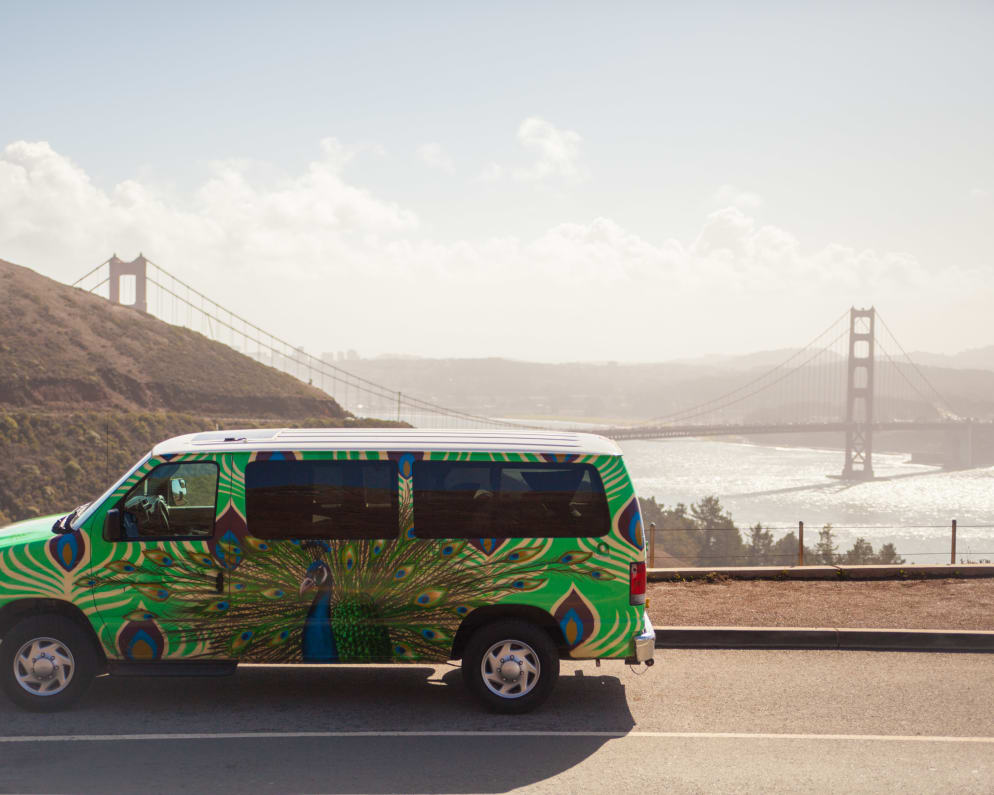 The Mavericks van is in front of the Golden Gate Bridge in San Francisco. 