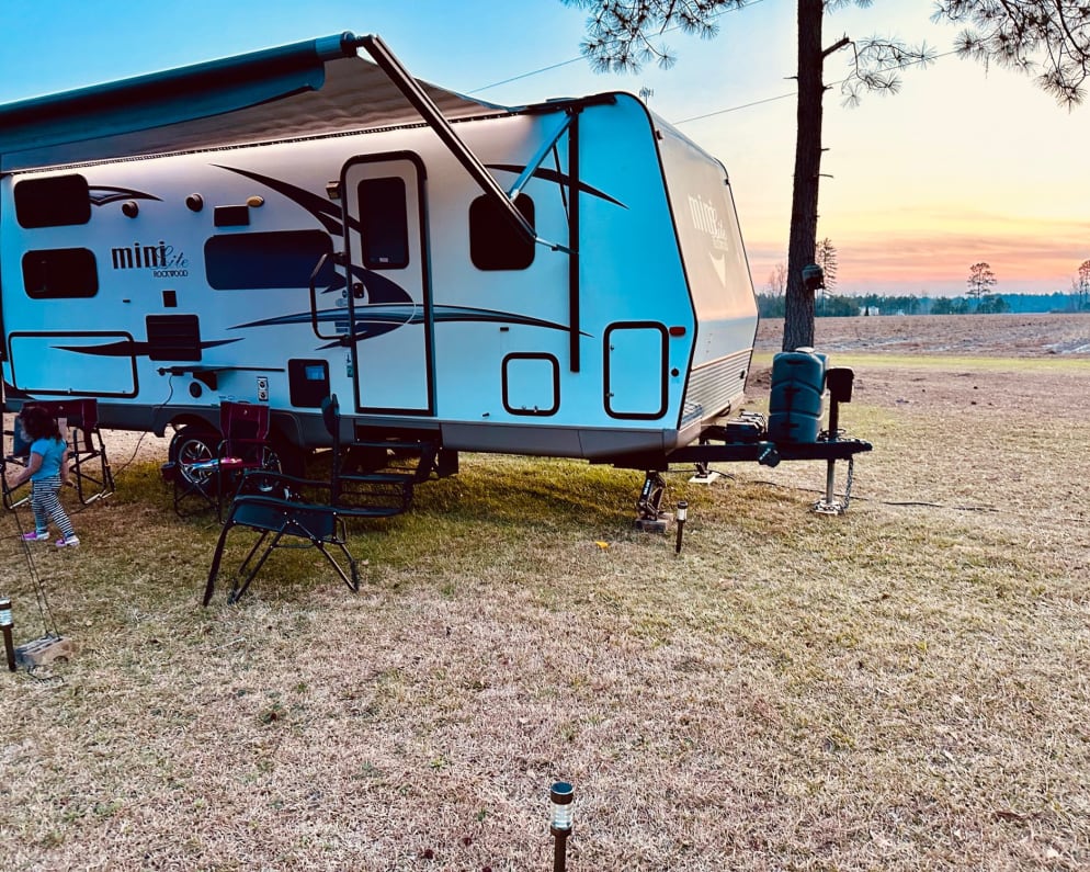 The projector screen works well as a secondary awning for when the sun is lower in the sky. 