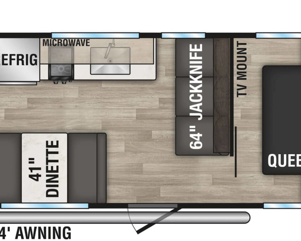 The 260BHSE has a couch and a dinette, full kitchen, queen bed, full size bunks, and full bath.