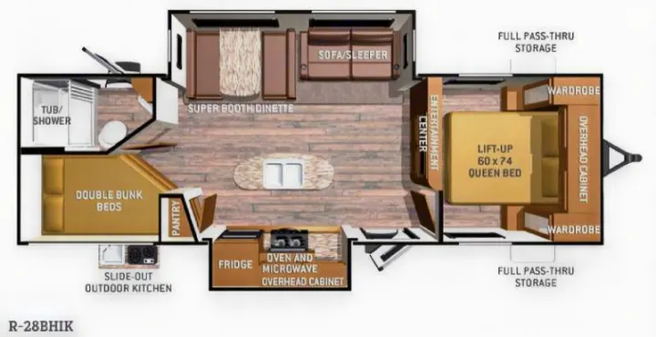 RV rental R-28BHIK floor plan: detailed layout with queen, bunk beds, kitchen, bath, dinette, and outdoor kitchen.. Radiance 28BHIK 2016