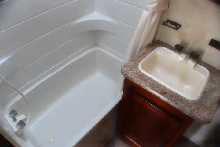 RV rental bathroom: Clean and compact, featuring a white tub/shower with textured walls and a sink vanity.. Palomino Puma Unleashed 2013