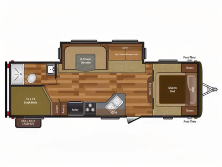RV rental: Detailed travel trailer floor plan. Features a queen bed, bunk beds, U-dinette, kitchen, and living areas.. Keystone Hideout 2014