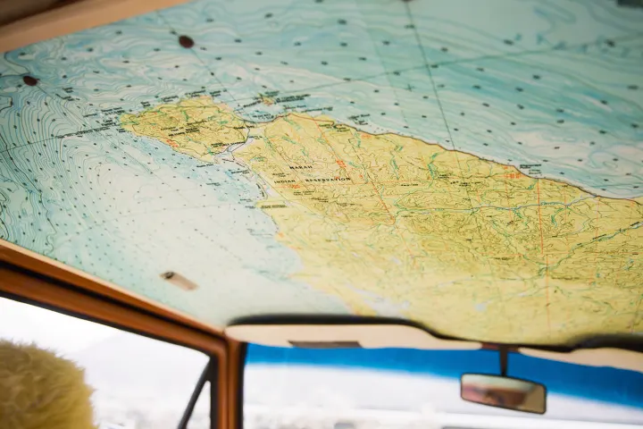 Detailed map of Makah Indian Reservation on an rv rental ceiling, perfect for road trip navigation. View from inside vehicle.. Volkswagen Vanagon 1983