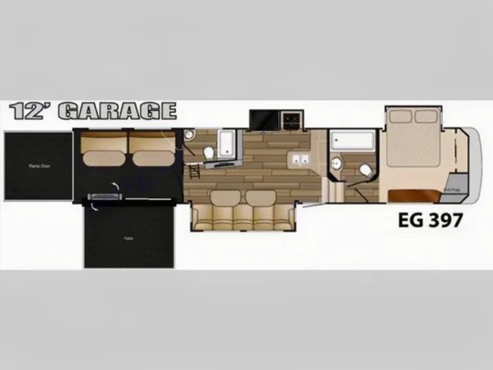 Explore this EG 397 RV rental floor plan. Features a 12' garage toy hauler layout with full living, kitchen, bath, and bed.. Heartland Edge 2016