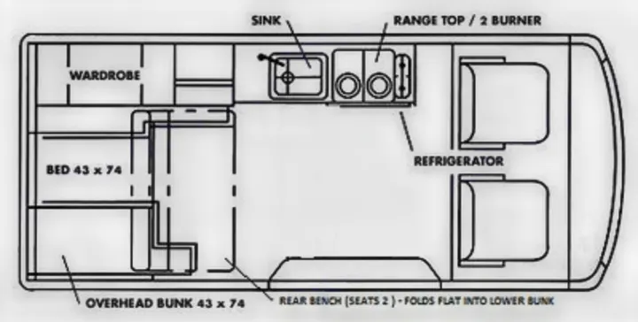 RV rental floor plan shows a compact camper van's interior: bed, bunk, kitchen (sink/range/fridge), and bench seating.. Volkswagen Eurovan Full Camper 2000