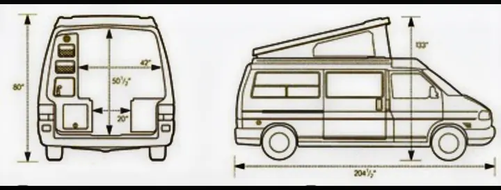 RV rental camper van specs: Technical drawings display rear and side views with detailed dimensions including pop-top height.. Volkswagen Eurovan Full Camper 2001