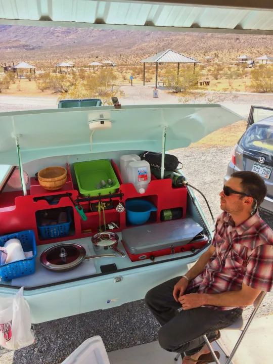 Lounging in the kitchen.. Chesapeake Light Craft Teardrop Trailer 2015