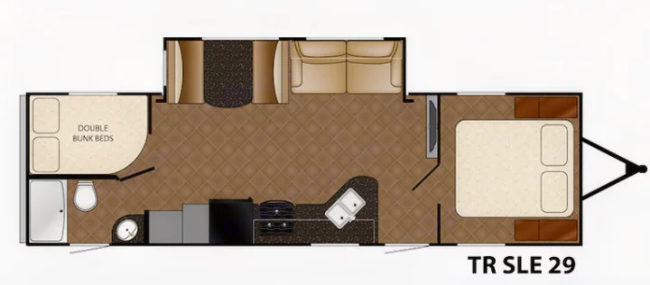 RV rental travel trailer floor plan, TR SLE 29. Layout shows bunk beds, master bedroom, kitchen, and living space.. Heartland Trail Runner 2016