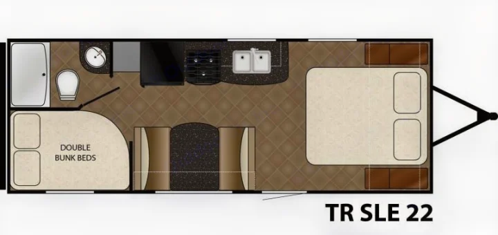 Top-down view of an RV rental floor plan (TR SLE 22) showing master bed, bunk beds, kitchen, and full bath.. Heartland Trail Runner 2017