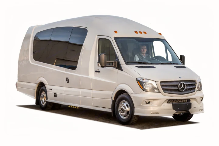 White Mercedes-Benz Sprinter luxury RV rental van with a custom high roof and large tinted windows, ready for your next adventure.. Custom Coach Mauck2 2015