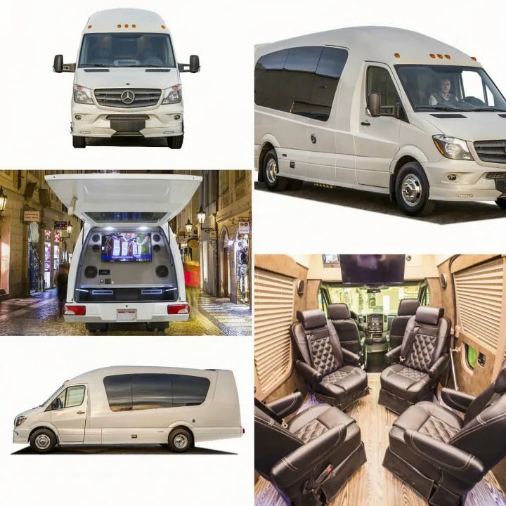 White luxury Mercedes Sprinter van RV rental. Shows exterior views (front, side, rear open) & lavish interior.. Custom Coach Mauck2 2015