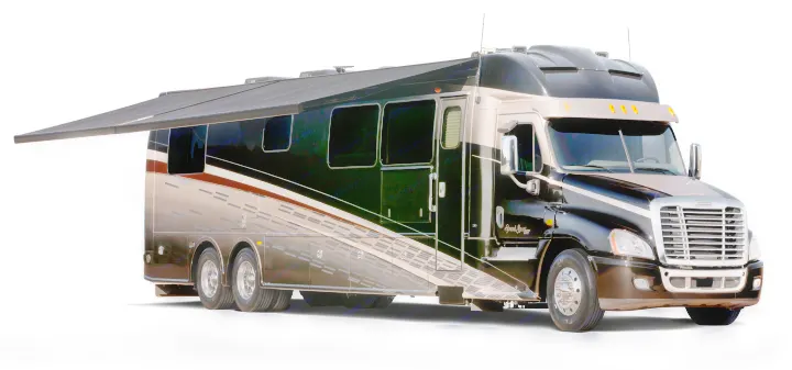 Luxurious black & beige motorhome with awning extended. This premium RV is ideal for your next rv rental journey.. Dynamax Corp Grand Sport 2015
