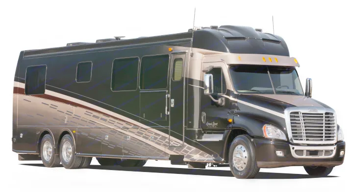 Sleek black Freightliner motorhome, a premium rv rental for luxurious road trips and adventures.. Dynamax Corp Grand Sport 2015