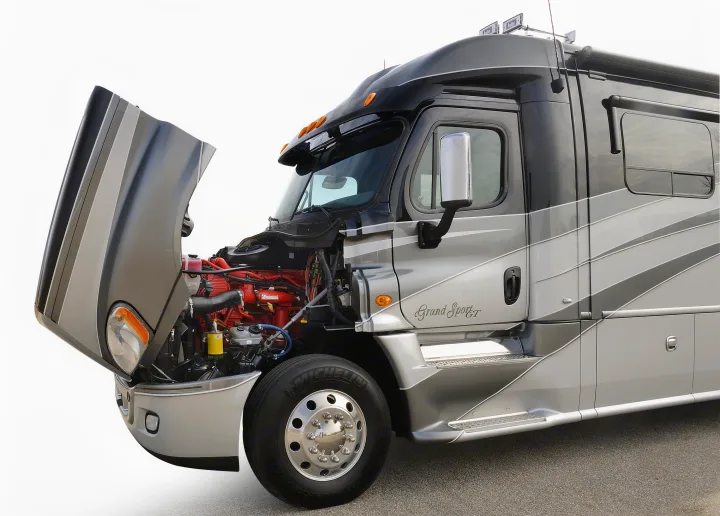 Explore this luxury Class A RV rental with its powerful engine revealed. Perfect for your next road trip adventure.. Dynamax Corp Grand Sport 2015