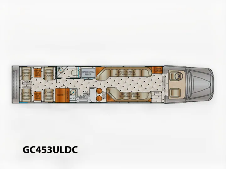Detailed floor plan of a GC453ULDC luxury RV for rental, featuring residential amenities, ample seating, and storage.. Dynamax Corp Grand Sport 2015