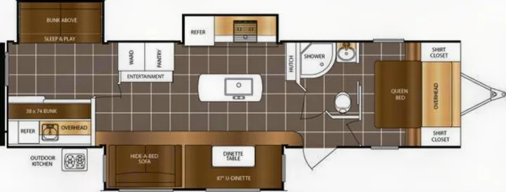 Detailed RV rental floor plan illustrating the interior layout with queen bed, bunks, kitchen, and living spaces.. Prime Time Lacrosse 2017