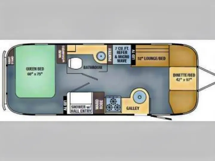 Detailed RV rental floor plan shows a queen bed, bathroom with shower, galley, and convertible dinette/lounge areas.. Airstream International Signature 25 2018