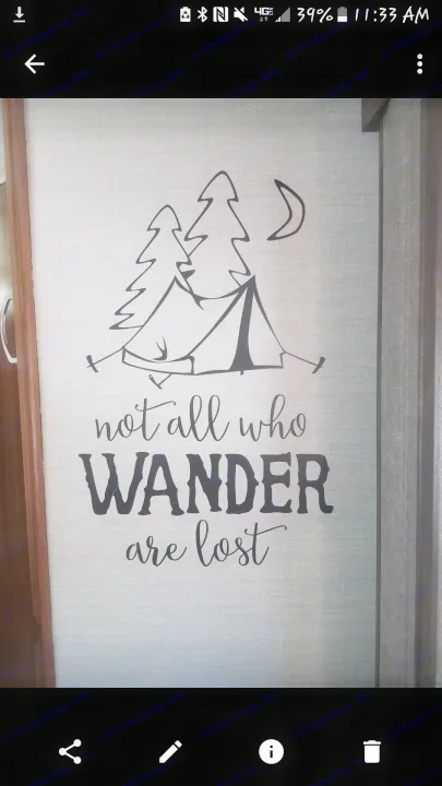 RV rental wall decor: A sign featuring a tent, trees, and "not all who WANDER are lost", perfect for adventure.. Keystone RV Springdale 2017