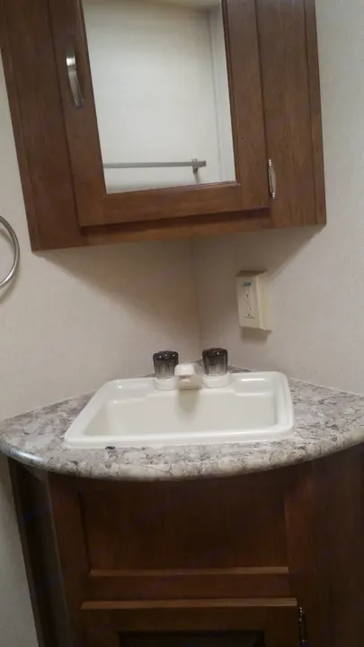 Compact bathroom vanity inside an RV rental, featuring a corner sink, wooden cabinet, and mirrored medicine cabinet.. Forest River Salem Cruise Lite 2018