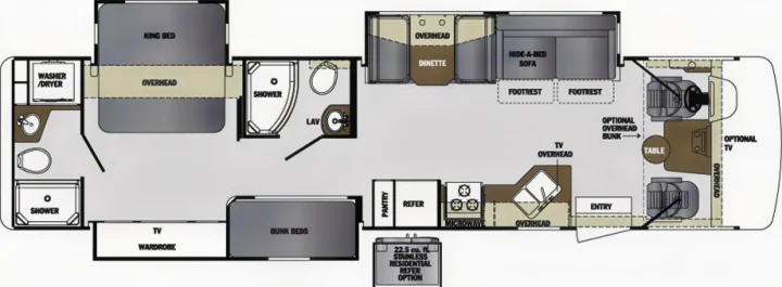 Detailed RV rental floor plan with king bed, bunk beds, 2 baths, full kitchen, dinette, and washer/dryer.. Forest River Georgetown 2017