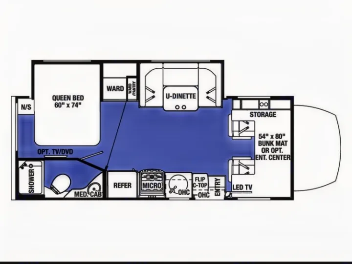 RV rental floor plan layout: Explore this detailed camper interior with queen bed, U-dinette, kitchen, bath, & convertible bunk/entertainment space.. Mercedes Benz Forest River Forester 2017