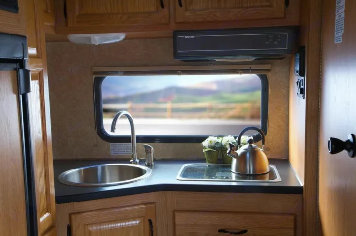 Compact RV rental kitchen: sink, stovetop with kettle, and a large window showcasing a scenic outdoor view. Wooden cabinets complete the space.. Thor 2012 Thor 19G 2012