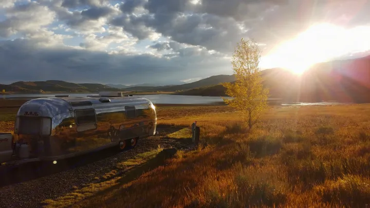 All hooked up and ready for the day at Vega State Park!. Airstream Land Yacht 1970