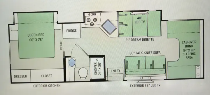 RV rental floor plan: Queen bed (60x75), cab-over bunk, dinette, sofa, kitchen, and bathroom layout shown.. Thor Motor Coach Freedom Elite 2018